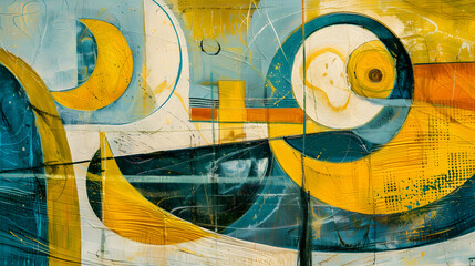 Wall Mural - A vibrant composition of abstract forms in lemon yellow and sky blue, incorporating bold and subtle textures