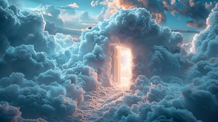 White door above the clouds with bright, glowing clouds in the background