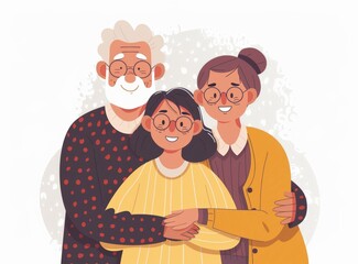 Wall Mural - Family portrait of grandparents and granddaughter smiling and embracing. All wear glasses, expressing warmth and love