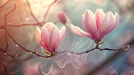 A spider web is on a branch with two pink flowers. Generate AI image