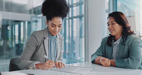 Poster - Business people, women or sign contract for new job, document for agreement, recruitment or hiring. Modern office, employee or paperwork for compliance policy, human resources or signature in meeting