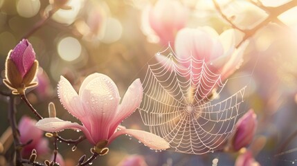 A spider web is on a branch with two pink flowers. Generate AI image