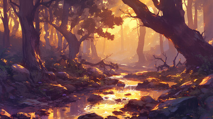 Wall Mural - stream flows through a hardwood forest with dappled sunlight