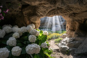 Sticker - Serene waterfall view through cave opening surrounded by lush flowers