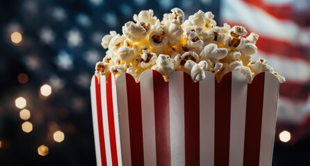 Wall Mural - Popcorn in a striped box against a festive background