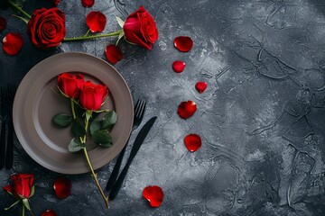 Wall Mural - Valentine's day dinner. Romantic table place setting and red roses on gray background. View from above. Copy space. Generative ai