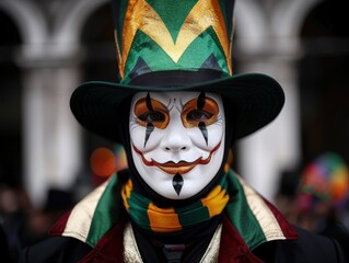 Wall Mural - Creepy clown in costume with mask and hat