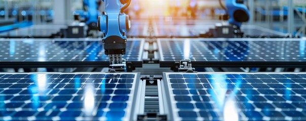 Poster - Automated robotic arms assembling solar panels in a high-tech production facility