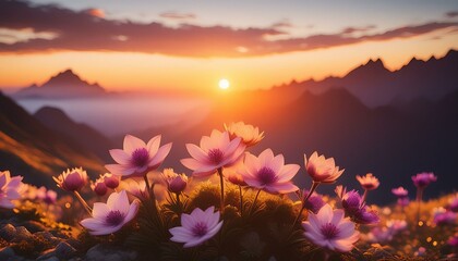 Colorful flowers sunset in the mountains