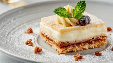 Wall Mural - Delicious layered dessert with creamy filling and fresh garnish