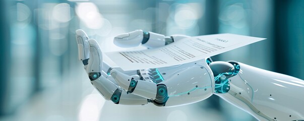 Poster - in a stark, futuristic setting, a robotic hand grips a foreclosure notice, highlighting the concept 