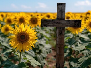 Canvas Print - Wooden cross in a field of sunflowers