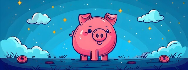 Poster - Whimsical Piggy Bank Saving Money with Intricate Coin Details in Minimalist Cartoon Style