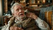© Woraphon - Image of an elderly man showing panic symptoms while sitting on a sofa in a living room. He is breathing rapidly with a panic-stricken look, holding his chest with sweat on his face. The background