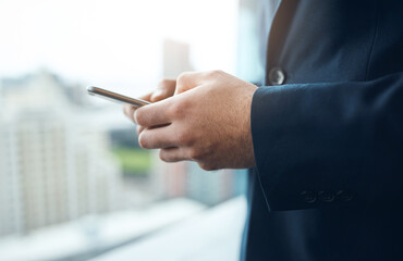 Aufkleber - Business, window and hands of man with phone in office or social media, planning or client feedback and communication. Smartphone, app and male broker online for advice, consulting or b2b networking