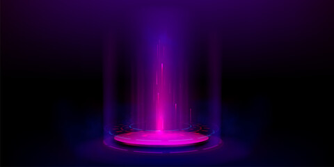 Poster - 3d tech hologram podium or light portal platform. Pink neon game stage. Hud futuristic teleport with fantasy glow effect. Cyber casino design with round base element to display product