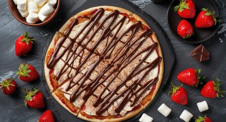 Wall Mural - Delicious chocolate-drizzled pizza with fresh strawberries