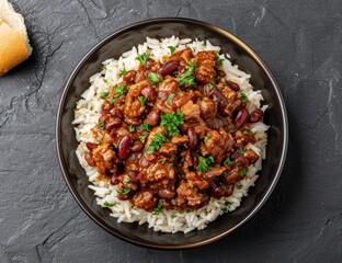 Wall Mural - Hearty chili and rice dish on a dark background