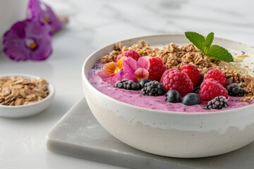 Wall Mural - Healthy breakfast bowl with granola, berries, and edible flowers