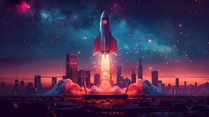 Poster - Rocket Launch on Laptop Digital Entrepreneurship and Futuristic Technology Concept