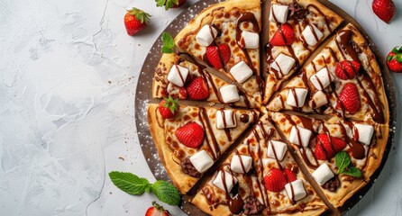 Wall Mural - Delicious strawberry and marshmallow pizza with chocolate drizzle