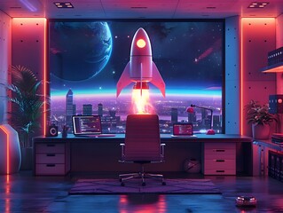 Poster - Startup Business Rocket Launch Digital Entrepreneurship Framework on Laptop Screen