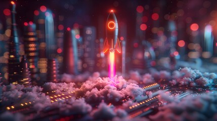 Poster - Dynamic 3D Rendered Startup Project Concept with Flying Rocket Icon on Laptop Screen