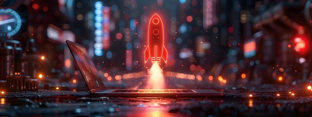 Poster - Dynamic Startup Project Concept with Rocket Icon on Laptop Screen and Modern Minimalist Office