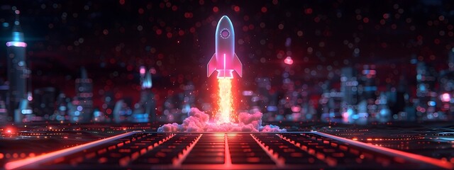 Poster - Dynamic Cyberpunk Inspired Business Startup Concept with Rocket Icon on Laptop Screen