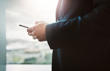 Canvas Print - Office, hands and person at window with phone for email, online chat or business connectivity. Smartphone, research and businessman on mobile app for networking, planning or schedule communication