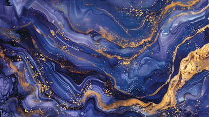 Wall Mural - Abstract indigo and purple marbled waves delicately accented with gold