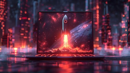 Poster - Vibrant Digital Entrepreneurship Workflow with Flying Rocket on Laptop Screen