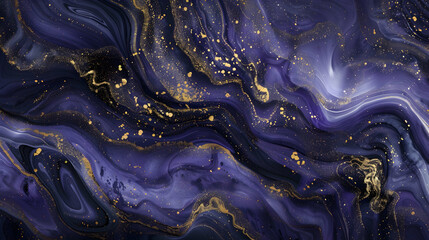 Wall Mural - Abstract indigo and purple marbled waves delicately accented with gold