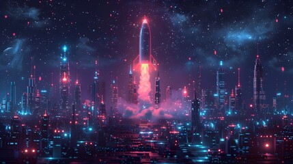 Poster - Futuristic Startup Project Concept with Rocket Launch on Laptop Screen