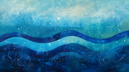 Wall Mural - Abstract painting featuring a gradient wave of turquoise and indigo, punctuated by delicate circular motifs