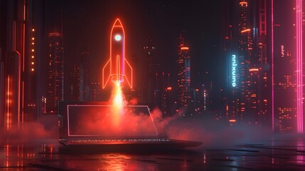 Poster - Futuristic Business Startup Project with Rocket Icon on Laptop Display