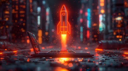 Poster - Startup Project Concept with Rocket Icon on Laptop in Modern Office Interior