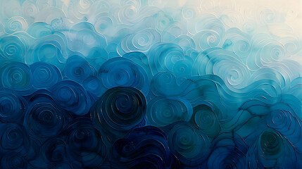 Wall Mural - Abstract painting featuring a gradient wave of turquoise and indigo, punctuated by delicate circular motifs