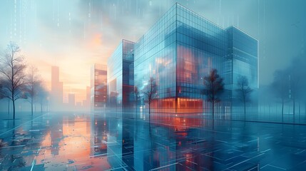 Poster - futuristic wireframe architecture of innovative 3d rendered cityscape