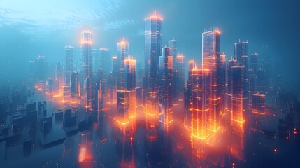 Poster - Futuristic Wireframe Architectural Structure in Abstract City Landscape 3D Render
