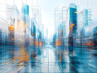Poster - futuristic wireframe architectural building in conceptual 3d rendered city skyline