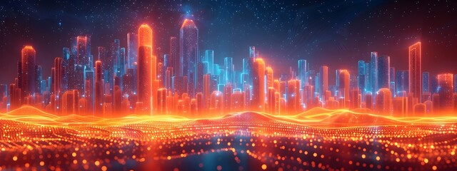 Poster - futuristic architectural wireframe building in minimalist city skyline