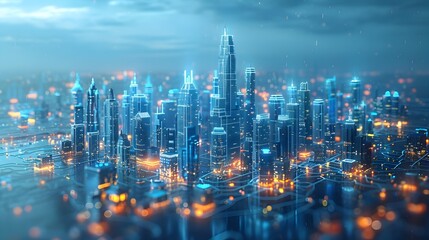 Poster - Futuristic Architectural Wireframe Structure of a 3D Rendered Graphic Art City Design