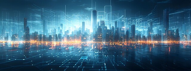 Poster - Futuristic Architectural Wireframe Innovative 3D Rendered City Skyline with Geometric Structures
