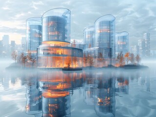 Poster - futuristic architectural wireframe rendering of 3d generative ai created cityscape