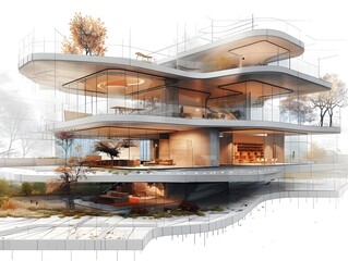 Poster - Futuristic Wireframe Architectural Building in Graphic Art Style for Modern City Skyline