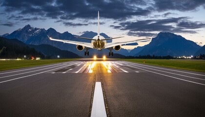 Wall Mural - Plane on Runway at Night: Dramatic Mountain and Cloudy Sky Backdrop