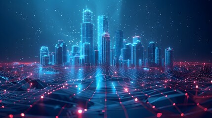 Poster - Futuristic 3D Wireframe Architectural Building in Graphic City Cityscape
