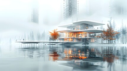 Poster - Futuristic Wireframe Architectural Building in Minimalist Cityscape