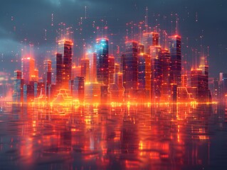 Poster - Futuristic 3D Architectural Building Wireframe in Minimalist City Skyline